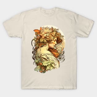 Art Nouveau Autumn Girl Alphonse Mucha Inspired T-Shirt